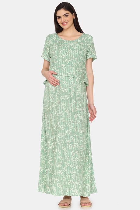Coucou Maternity Woven Full Length Nightdress With Front Zipper And Discreet Feeding - Summer Green — image 4